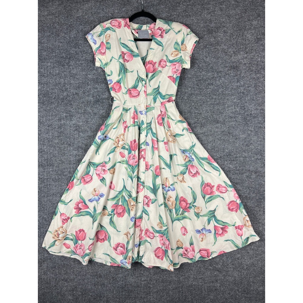 Carol Anderson Floral Button Front Midi Dress Cottagecore Boho Cotton Size 2